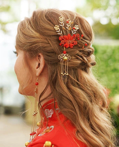East Meets Dress Chinese Wedding Dress Hair Accessory, Ruby Hairpin